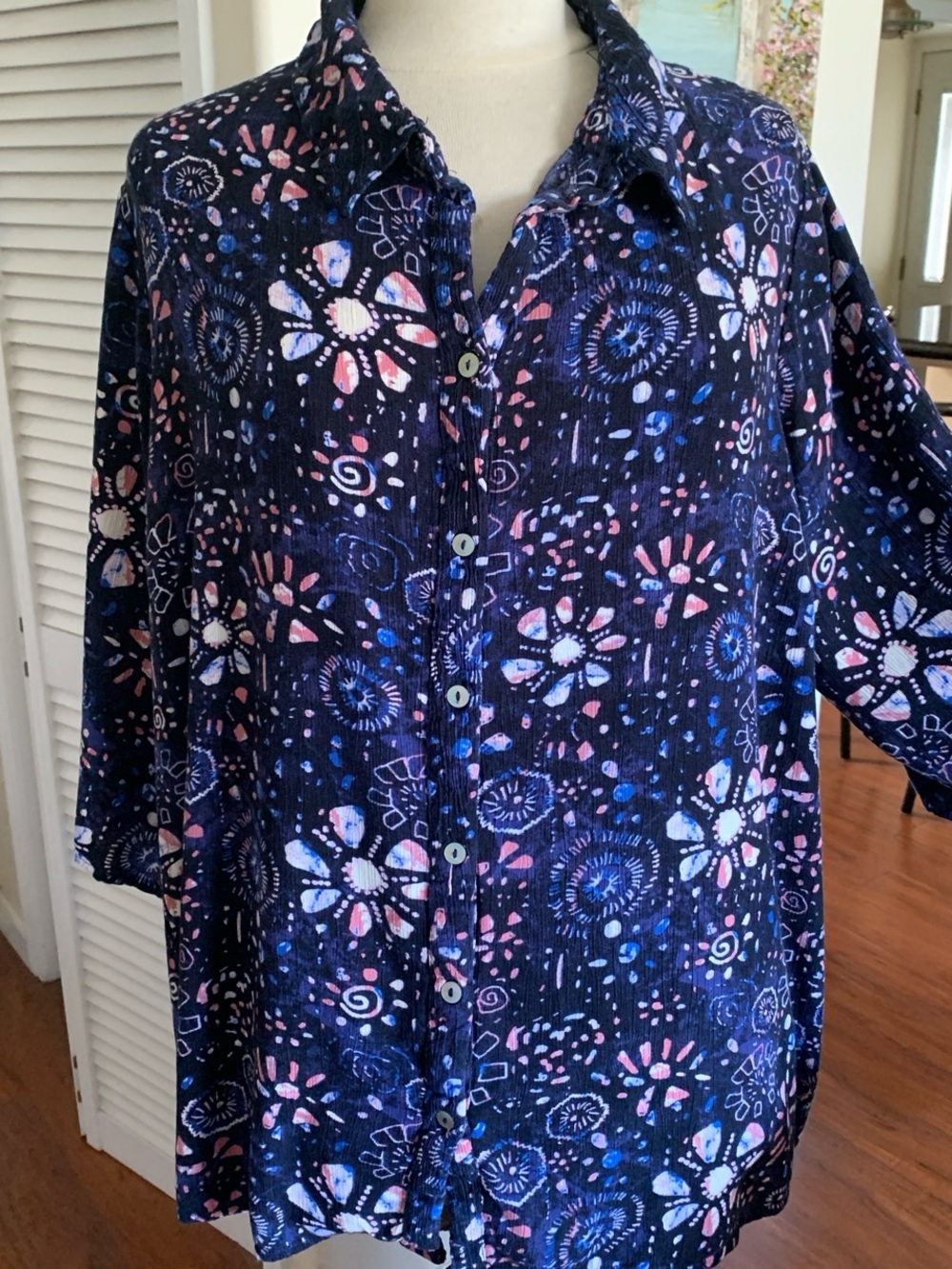 Evans 2X  Navy Floral Button-Up Shirt with Pink & Blue Prints